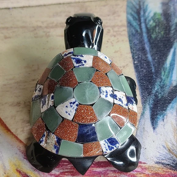 Vintage Obsidian Mosaic Multi-Stone Turtle Figure - Picture 9 of 10